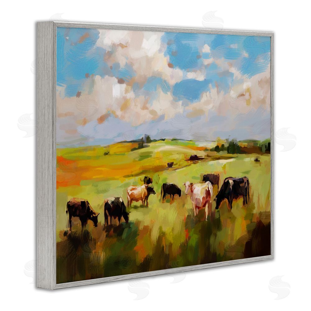 Ziwei Li Cows Grazing Painting Gray Framed Giclee Wall Art Print