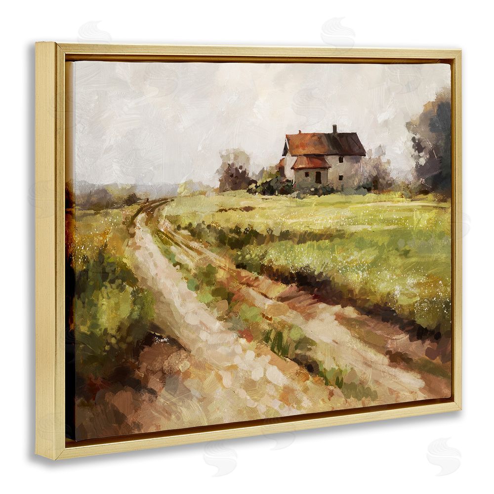 Ziwei Li Country Path to Barn Gold Floating Frame Canvas Wall Art Print