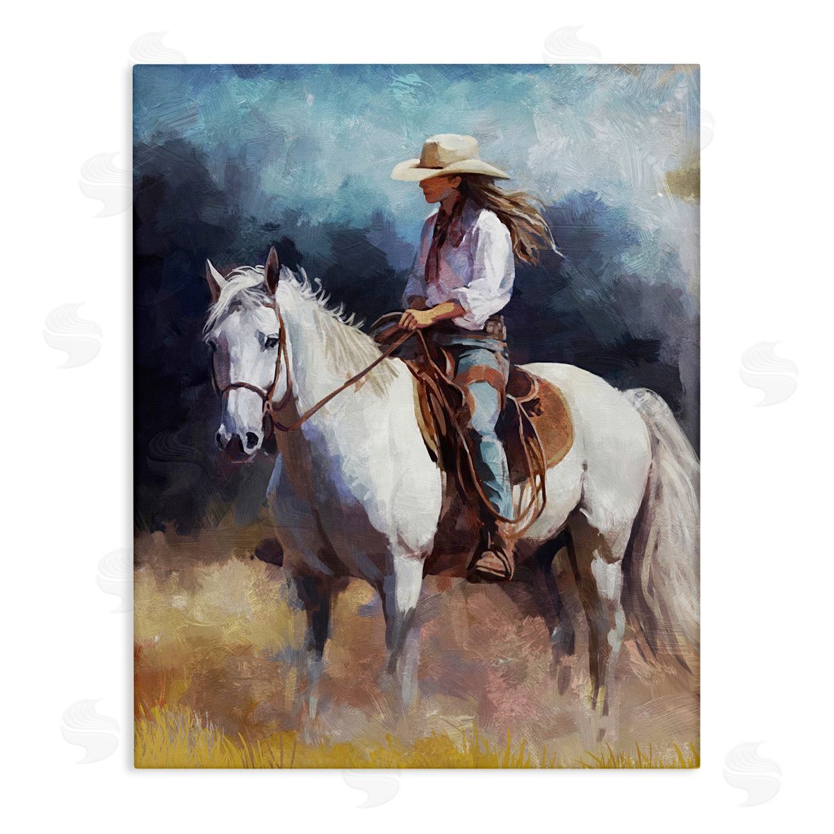 Ziwei Li Cowgirl on White Stallion Stretched Canvas Wall Art Print