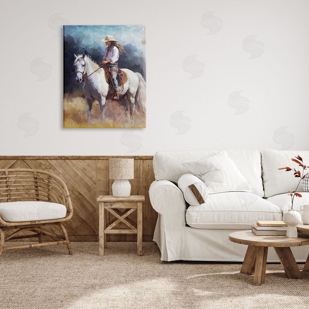 Ziwei Li Cowgirl on White Stallion Canvas Wall Art Print in Room