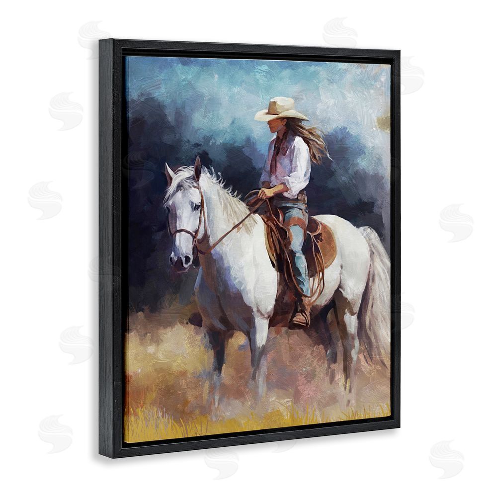 Ziwei Li Cowgirl on White Stallion Black Floating Frame Canvas Wall Art Print