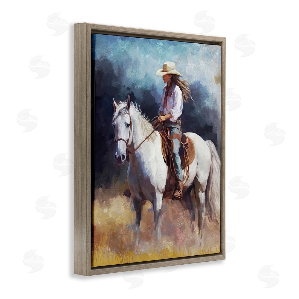 Ziwei Li Cowgirl on White Stallion Brown Floating Frame Canvas Wall Art Print