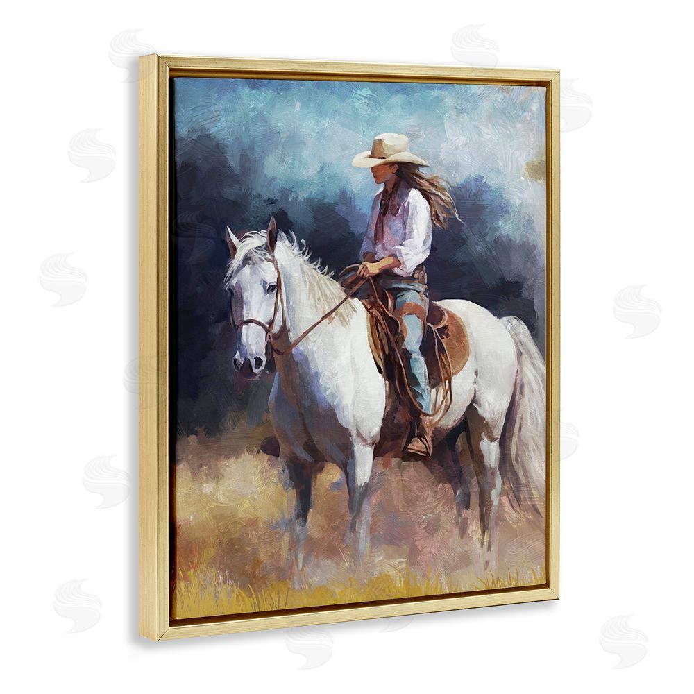 Ziwei Li Cowgirl on White Stallion Gold Floating Frame Canvas Wall Art Print