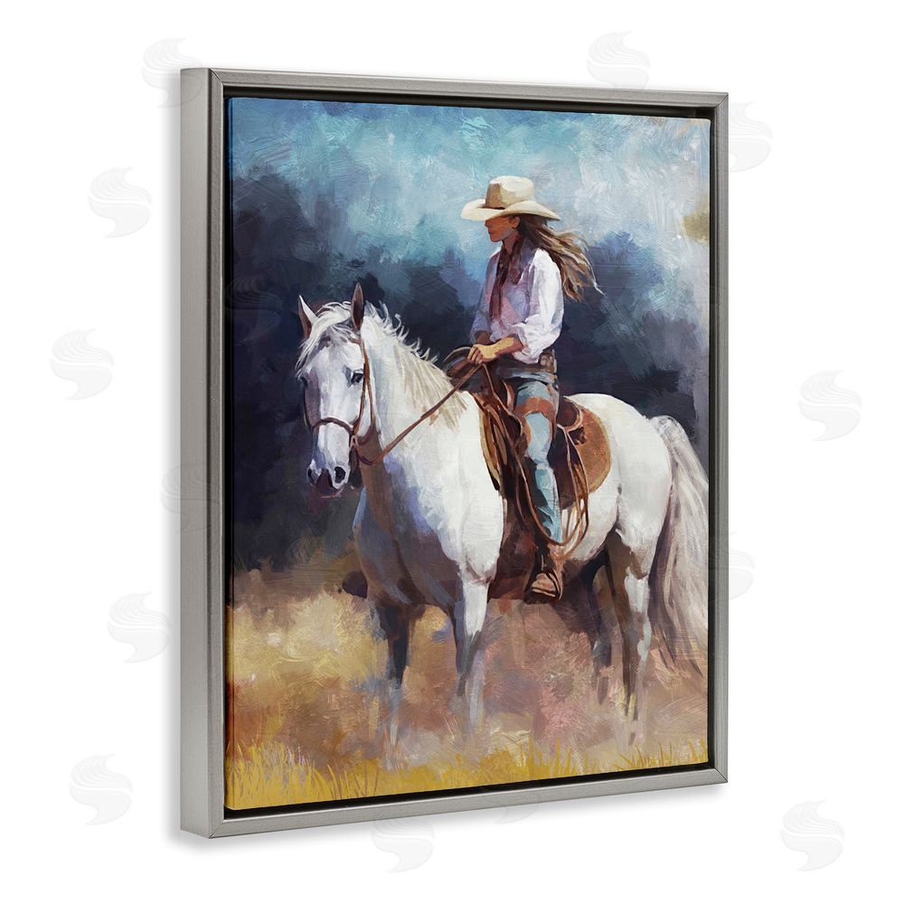 Ziwei Li Cowgirl on White Stallion Grey Floating Frame Canvas Wall Art Print