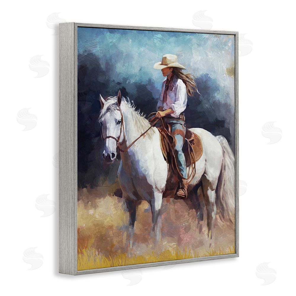 Ziwei Li Cowgirl on White Stallion Gray Framed Giclee Wall Art Print