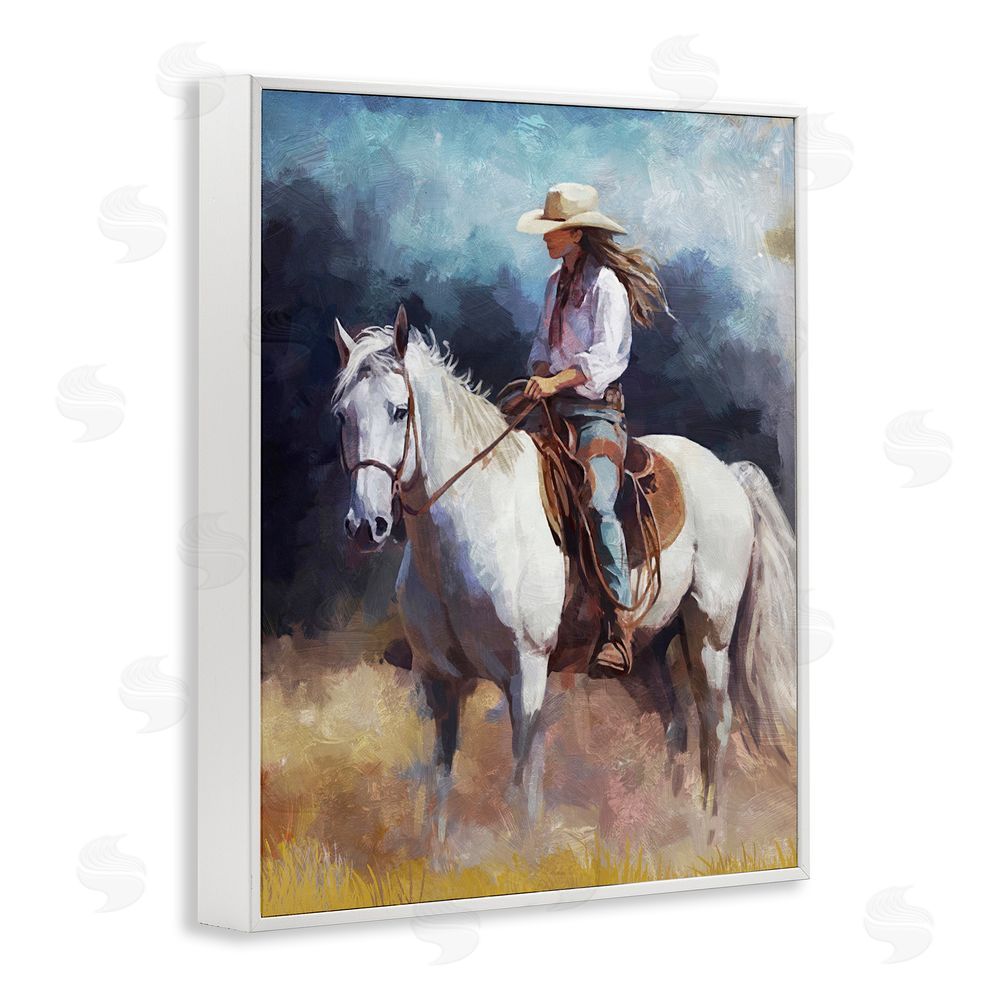 Ziwei Li Cowgirl on White Stallion White Framed Giclee Wall Art Print