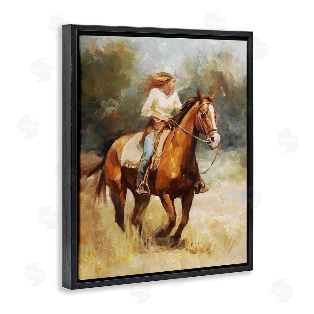 Ziwei Li Galloping Cowgirl Scenery Black Floating Frame Canvas Wall Art Print