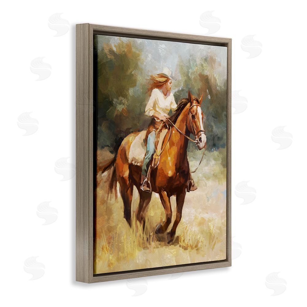 Ziwei Li Galloping Cowgirl Scenery Brown Floating Frame Canvas Wall Art Print