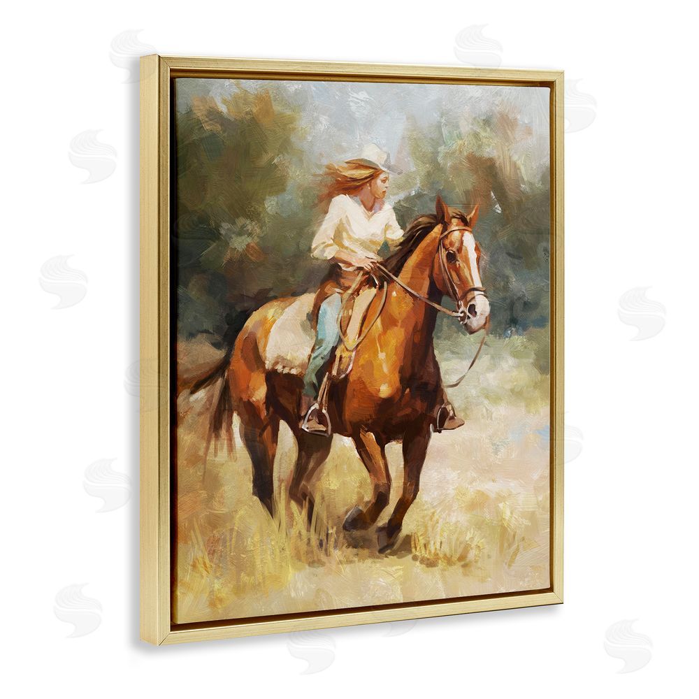 Ziwei Li Galloping Cowgirl Scenery Gold Floating Frame Canvas Wall Art Print