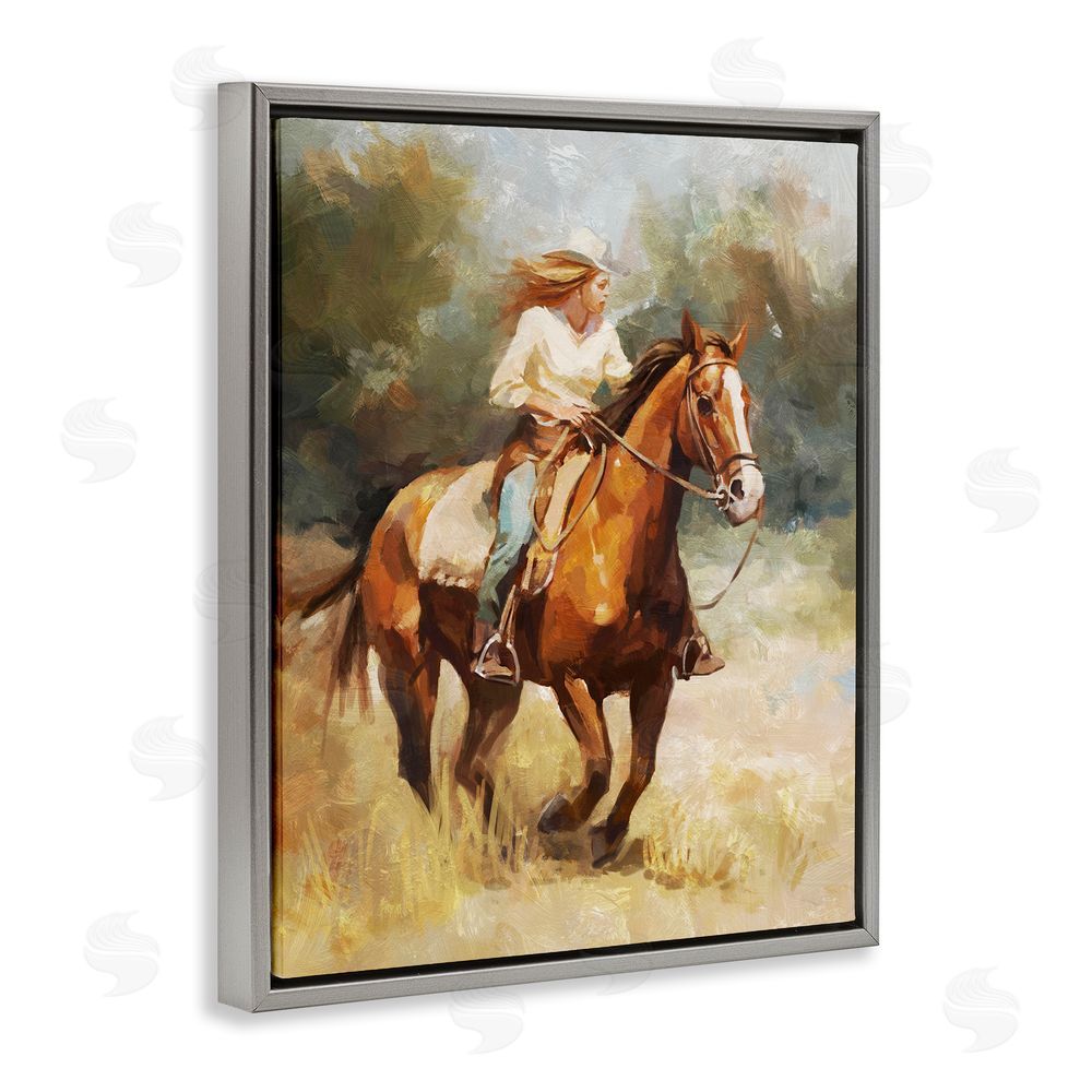 Ziwei Li Galloping Cowgirl Scenery Grey Floating Frame Canvas Wall Art Print