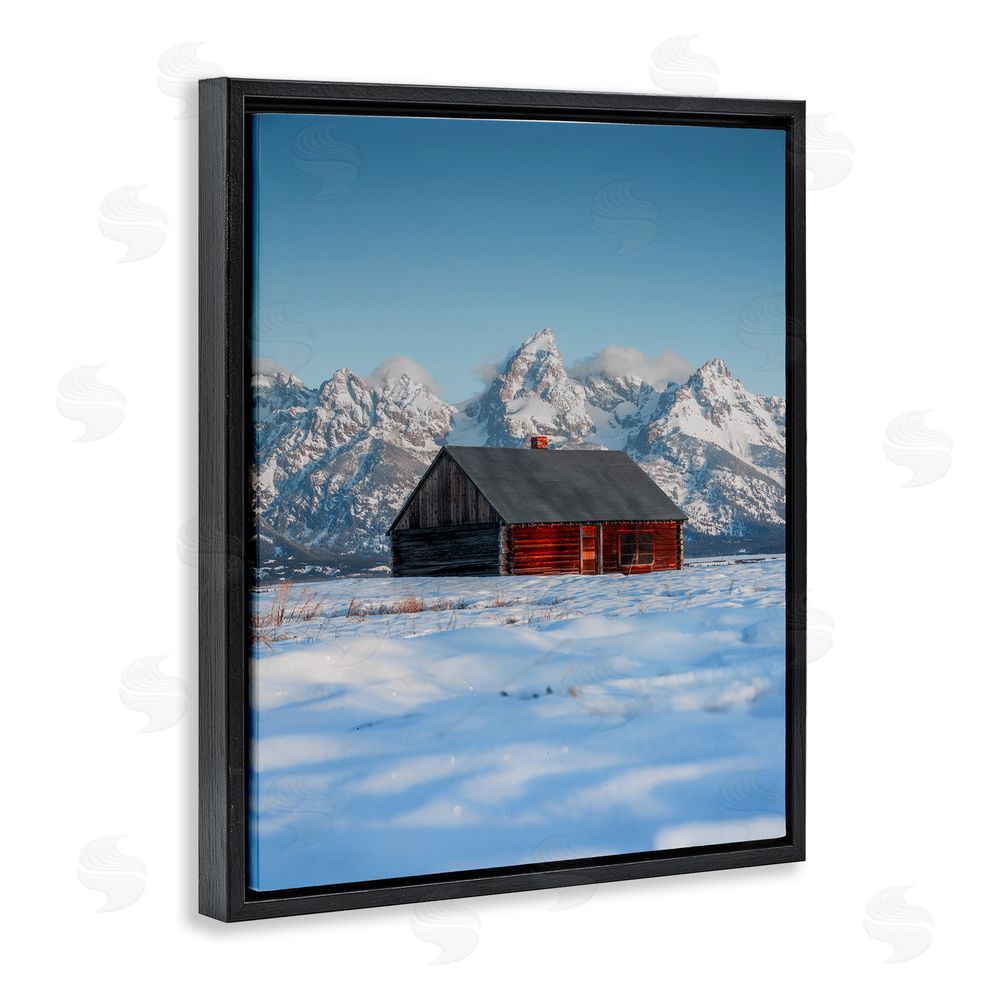 Jared Kreiss Cabin in Snowy Mountains Black Floating Frame Canvas Wall Art Print