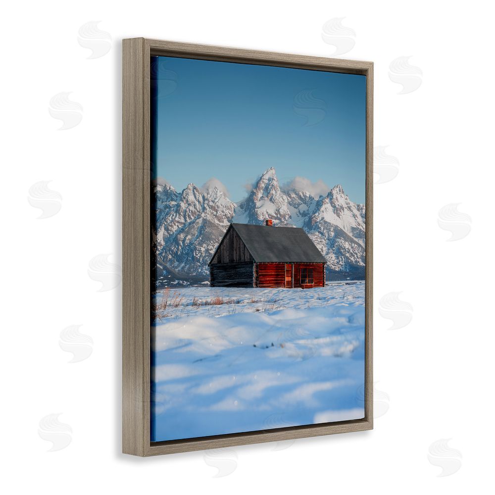 Jared Kreiss Cabin in Snowy Mountains Brown Floating Frame Canvas Wall Art Print