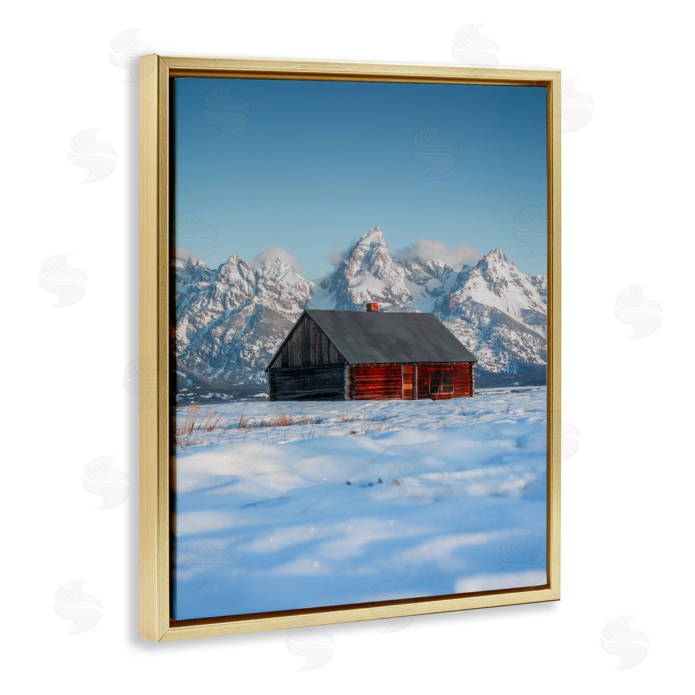 Jared Kreiss Cabin in Snowy Mountains Gold Floating Frame Canvas Wall Art Print