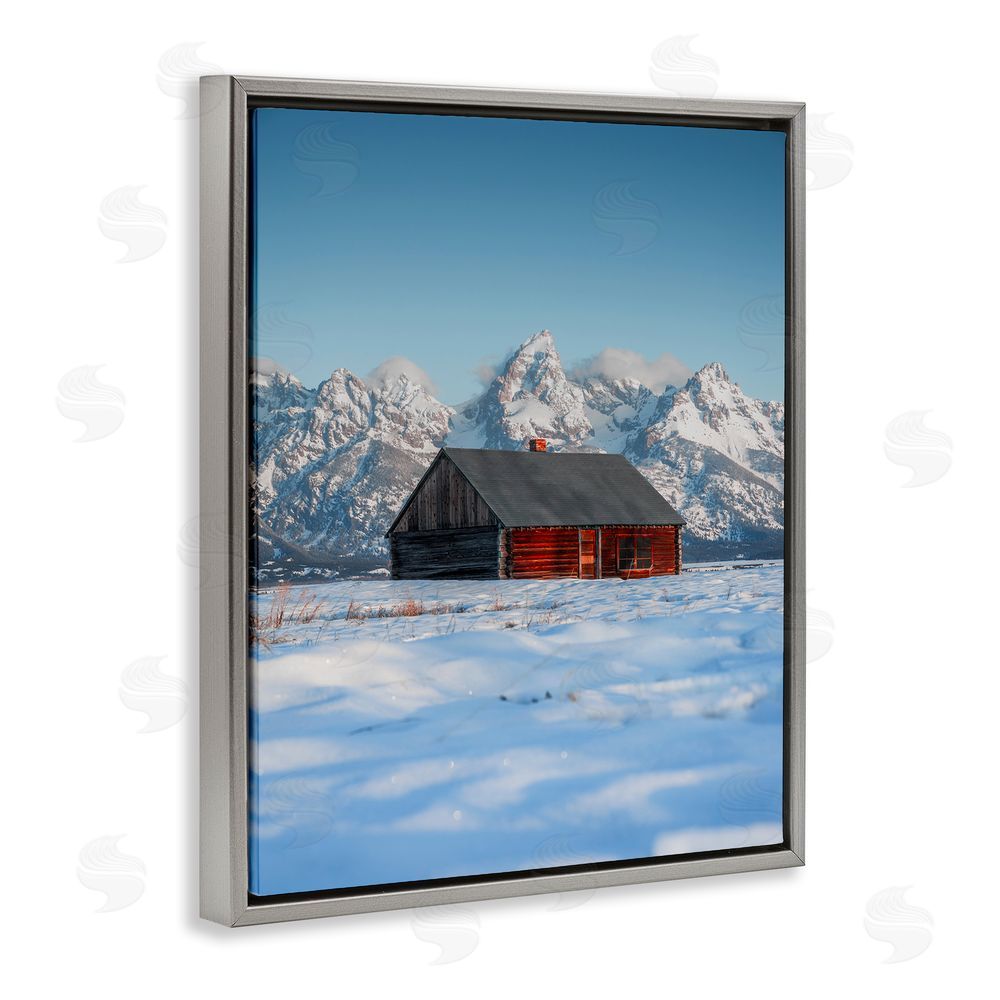 Jared Kreiss Cabin in Snowy Mountains Grey Floating Frame Canvas Wall Art Print