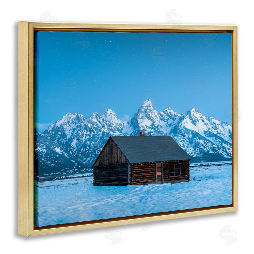 Jared Kreiss Log Cabin Mountain View Gold Floating Frame Canvas Wall Art Print