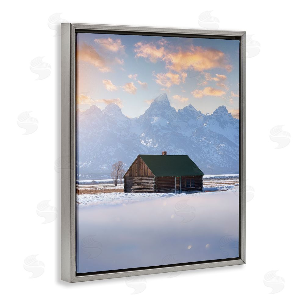 Jared Kreiss Snowy Winter Cabin Grey Floating Frame Canvas Wall Art Print