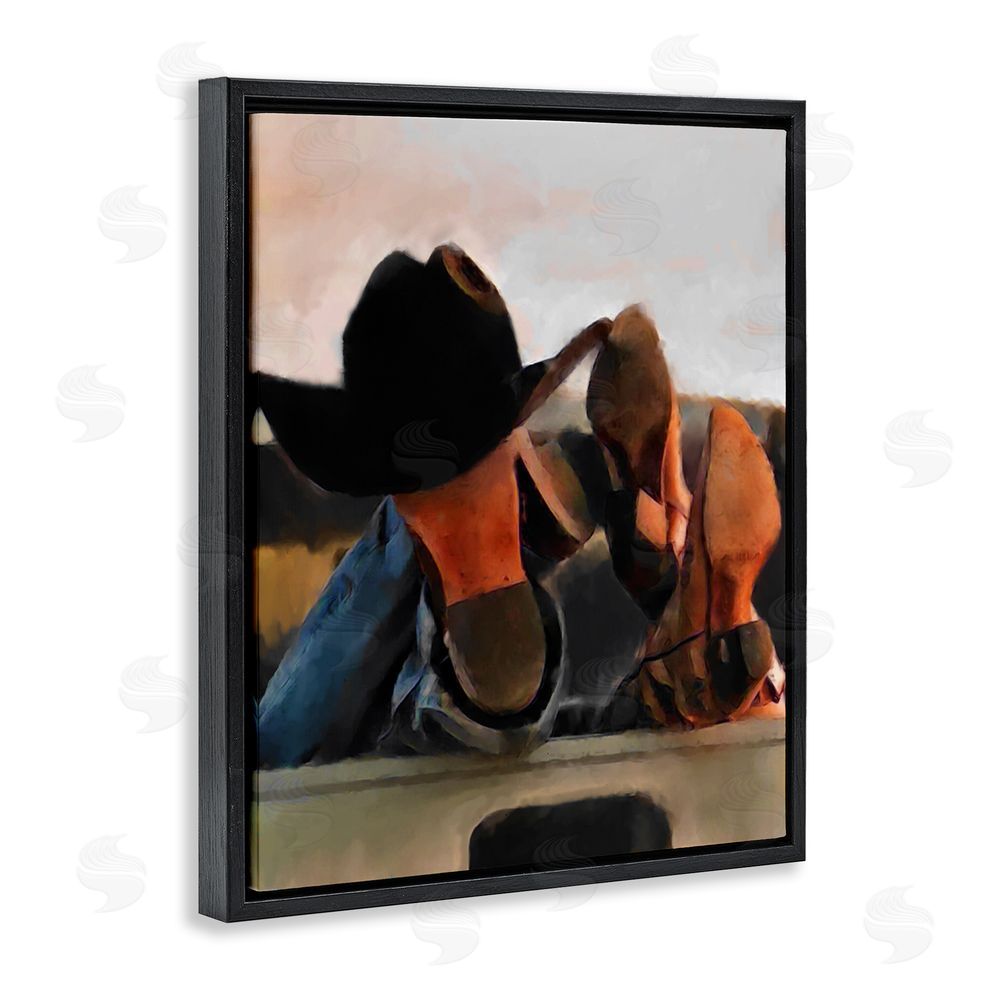 Jesse Keith Couple Resting Cowboy Boots Black Floating Frame Canvas Wall Art Print