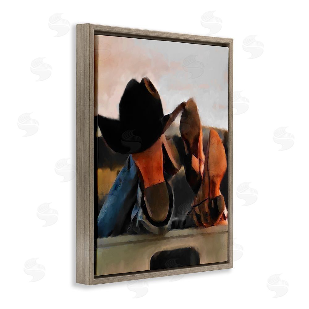 Jesse Keith Couple Resting Cowboy Boots Brown Floating Frame Canvas Wall Art Print