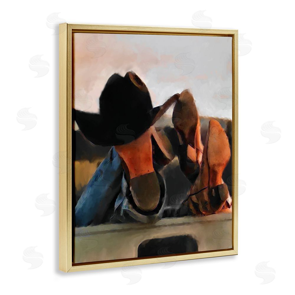 Jesse Keith Couple Resting Cowboy Boots Gold Floating Frame Canvas Wall Art Print