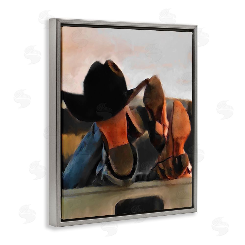 Jesse Keith Couple Resting Cowboy Boots Grey Floating Frame Canvas Wall Art Print