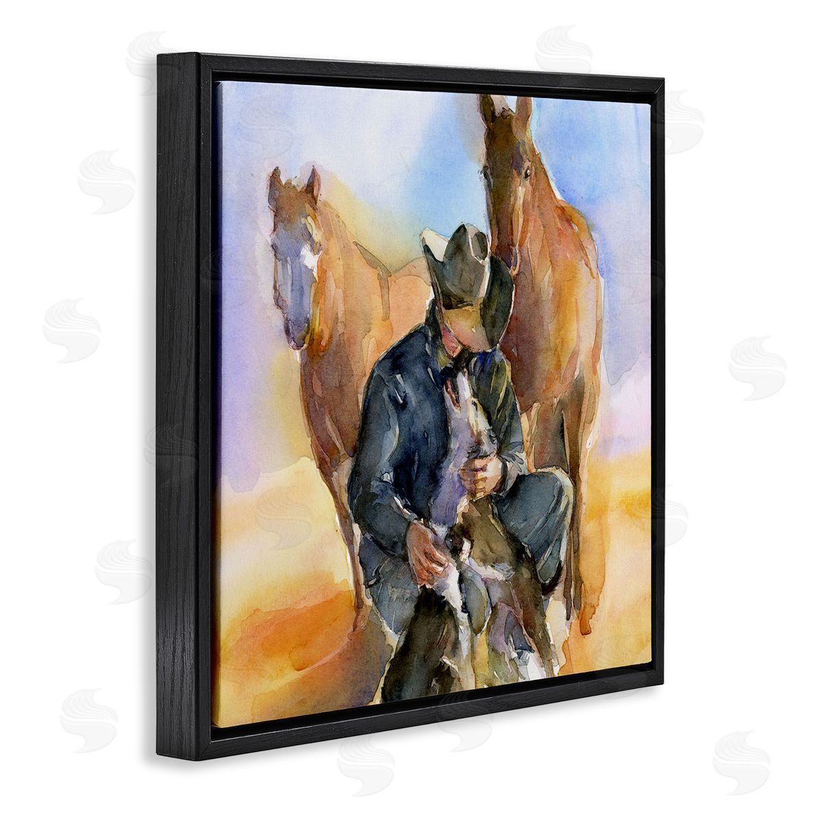 Cowboy & Animals Watercolor Black Floating Frame Canvas Wall Art, Home Decor by John Keeling