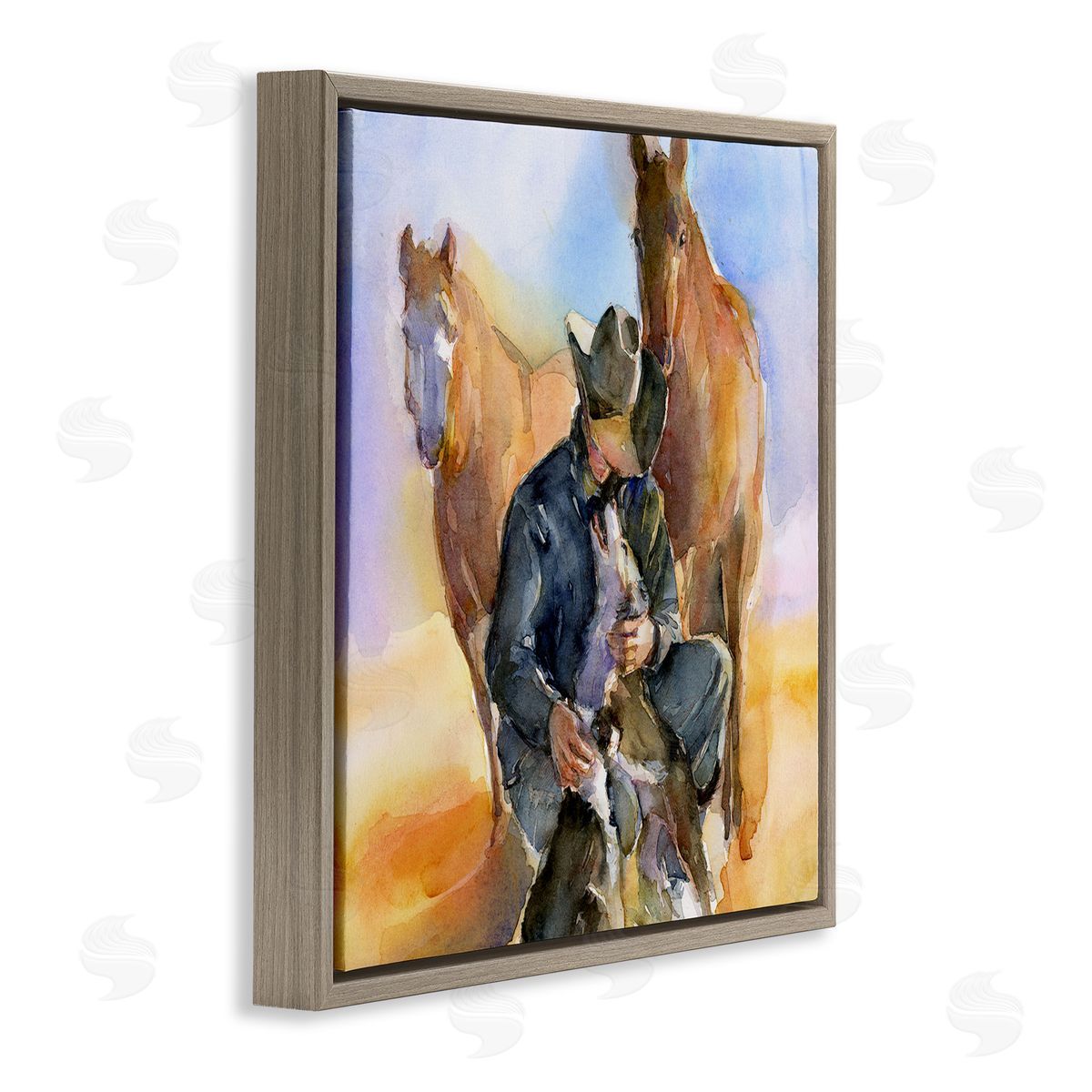 Cowboy & Animals Watercolor Brown Floating Frame Canvas Wall Art, Home Decor by John Keeling