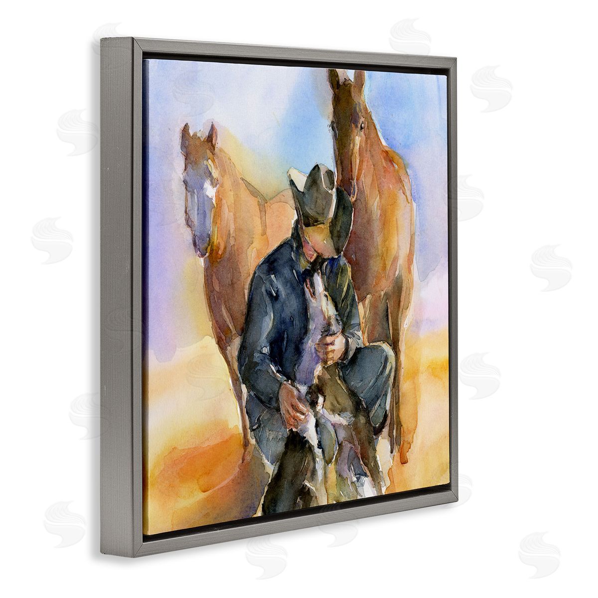 Cowboy & Animals Watercolor Grey Floating Frame Canvas Wall Art, Home Decor by John Keeling