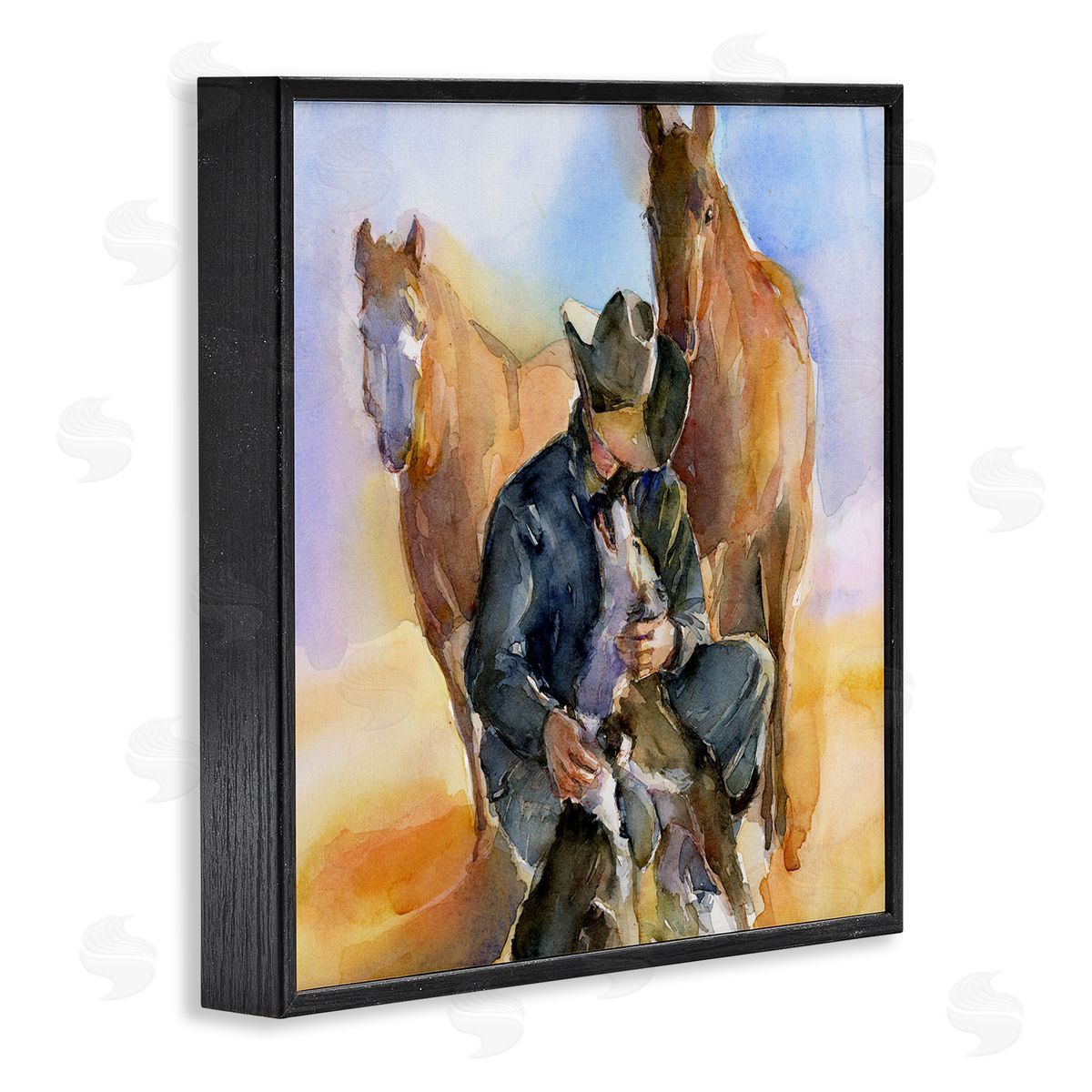 Cowboy & Animals Watercolor Black Frame Print Wall Art, Home Decor by John Keeling