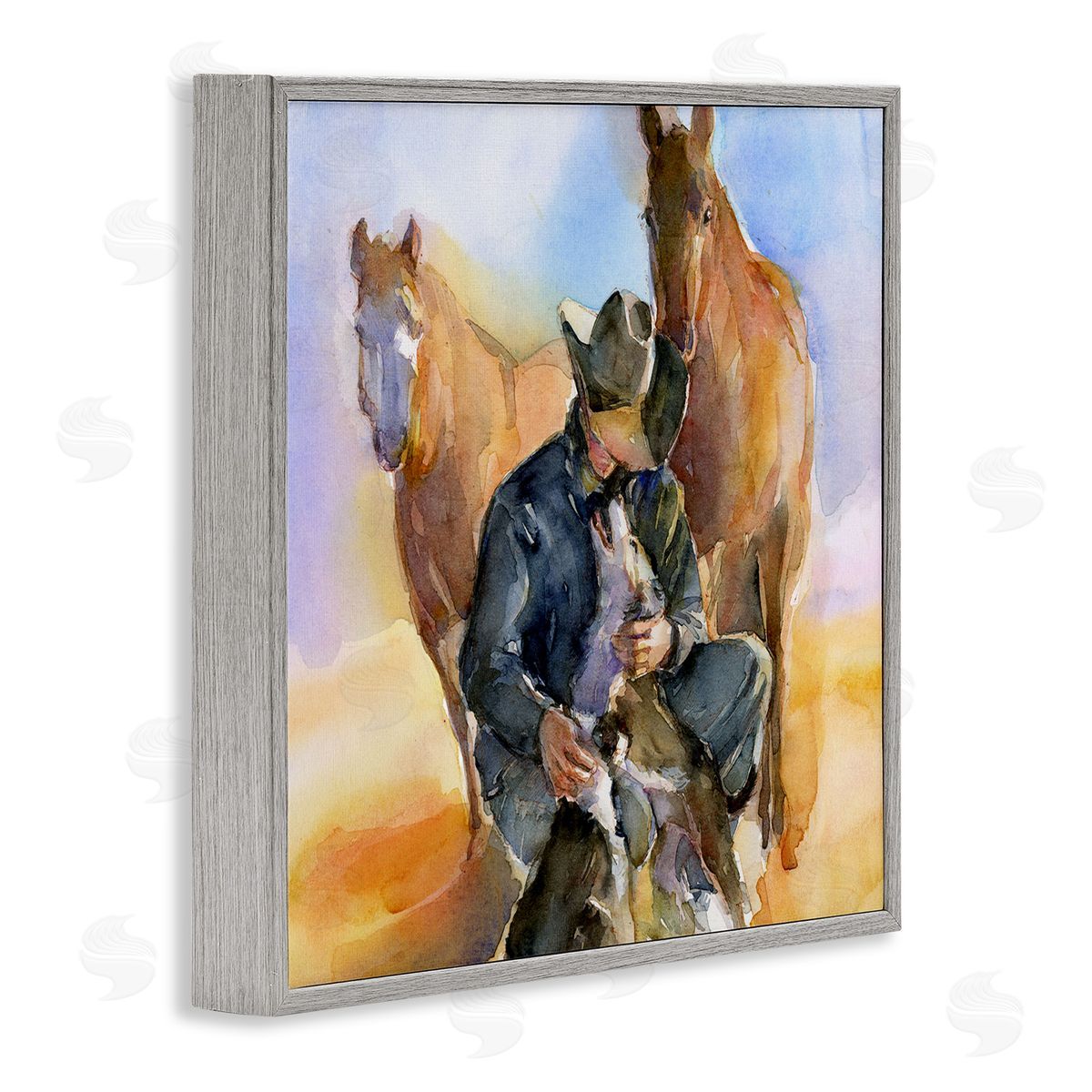 Cowboy & Animals Watercolor Grey Frame Print Wall Art, Home Decor by John Keeling