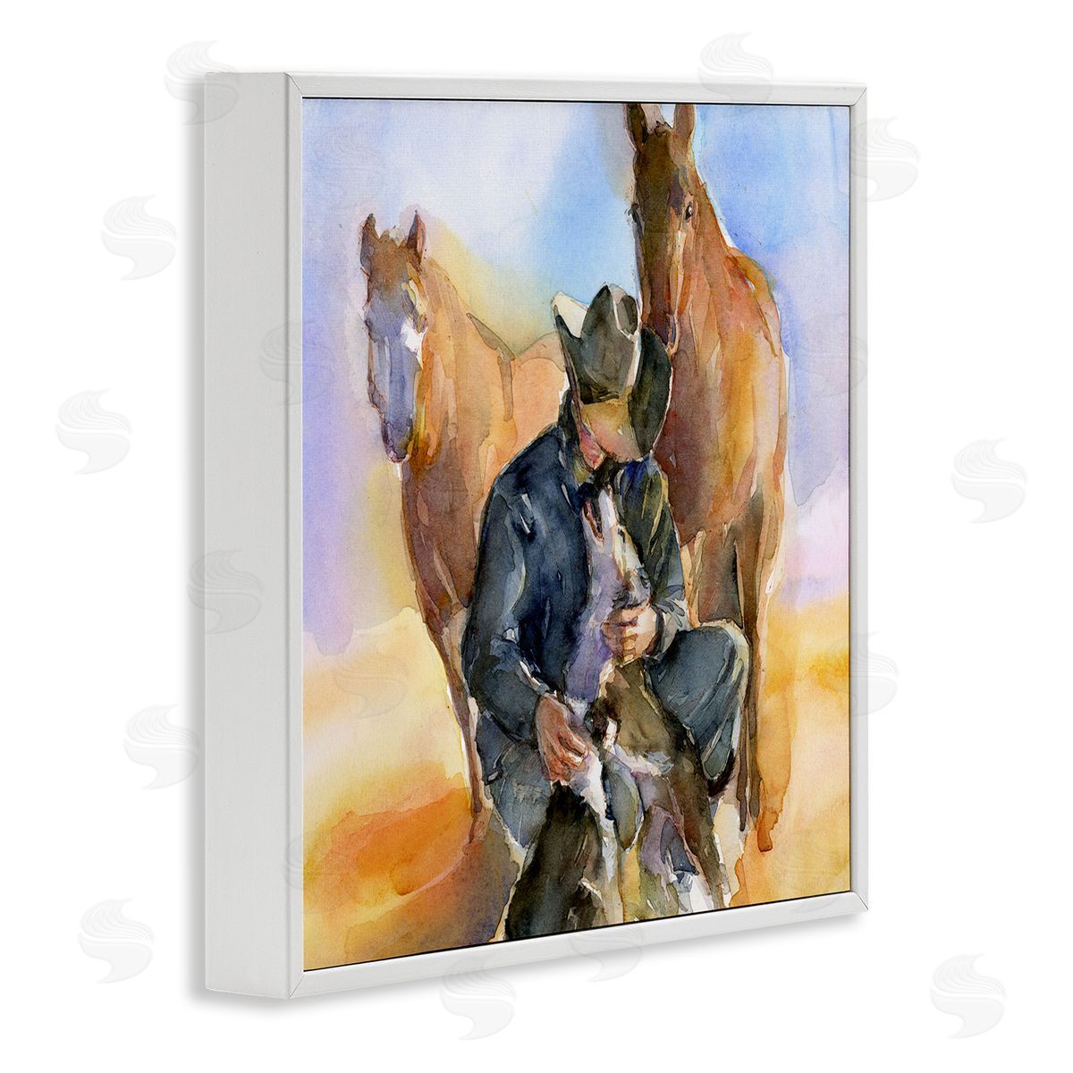 Cowboy & Animals Watercolor White Frame Print Wall Art, Home Decor by John Keeling