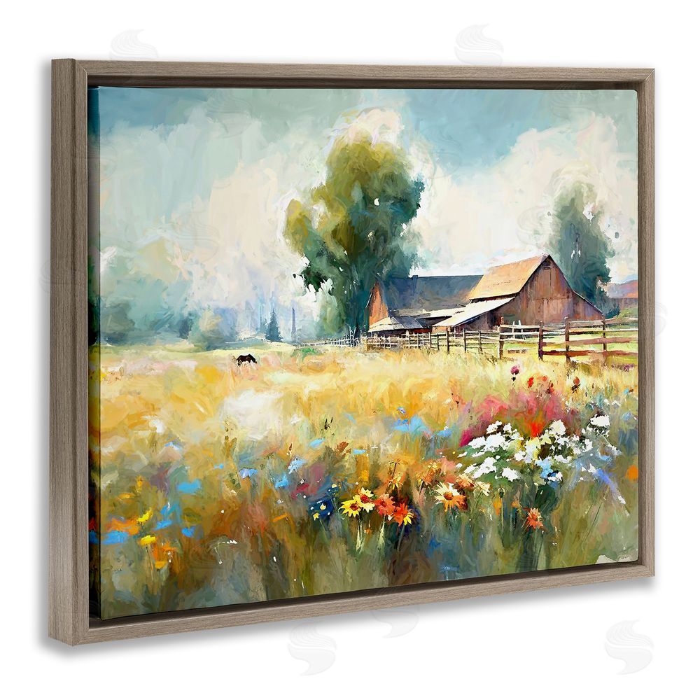 Ramona Murdock Barn in Meadow Painting Brown Floating Frame Canvas Wall Art Print