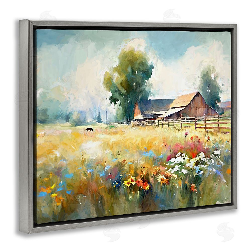 Ramona Murdock Barn in Meadow Painting Grey Floating Frame Canvas Wall Art Print