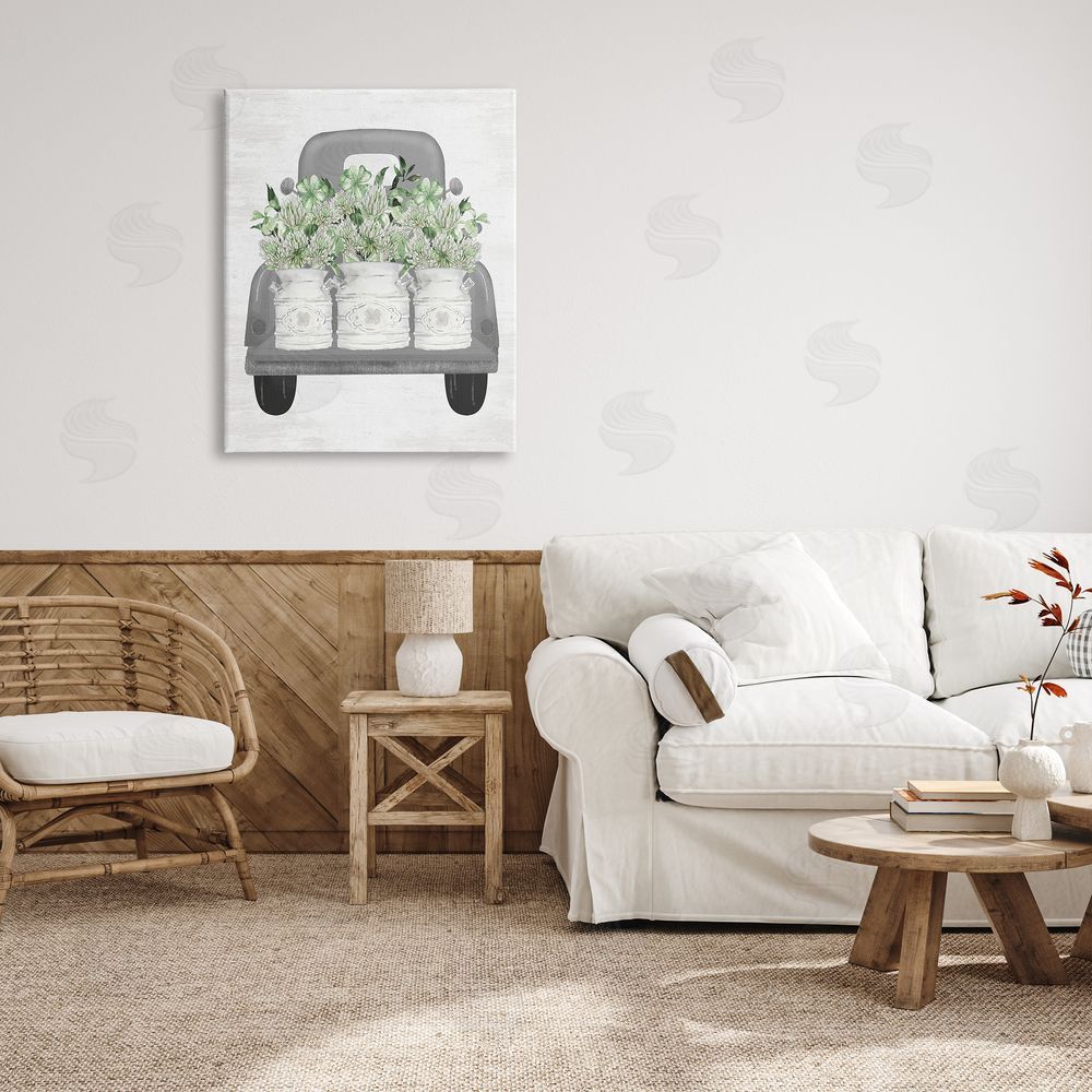 Lettered and Lined Pickup Truck with Greenery Canvas Wall Art Print in Room
