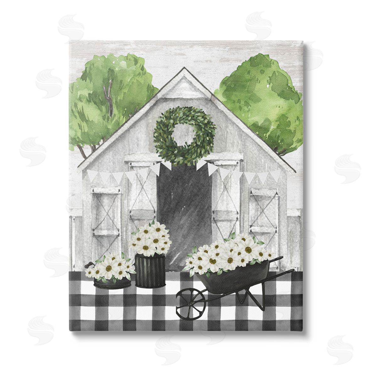 Lettered and Lined Plaid Barn with Floral Wagon Stretched Canvas Wall Art Print