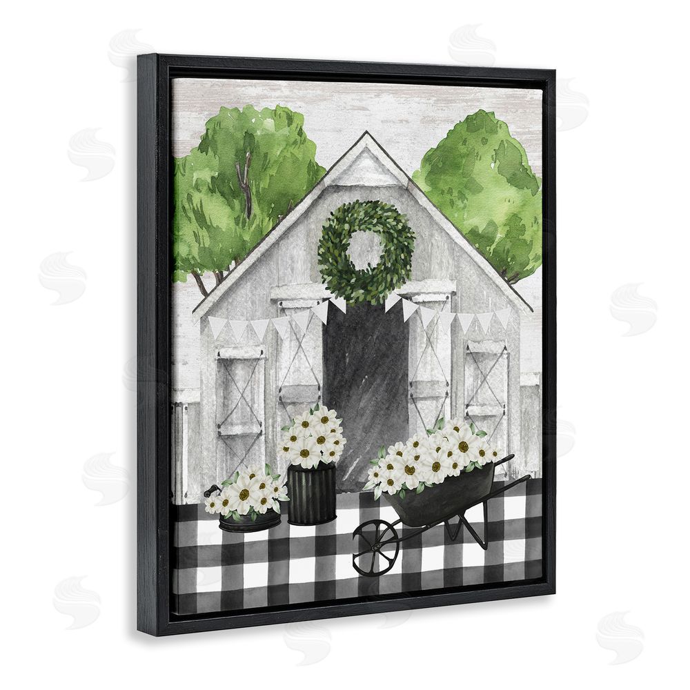 Lettered and Lined Plaid Barn with Floral Wagon Black Floating Frame Canvas Wall Art Print