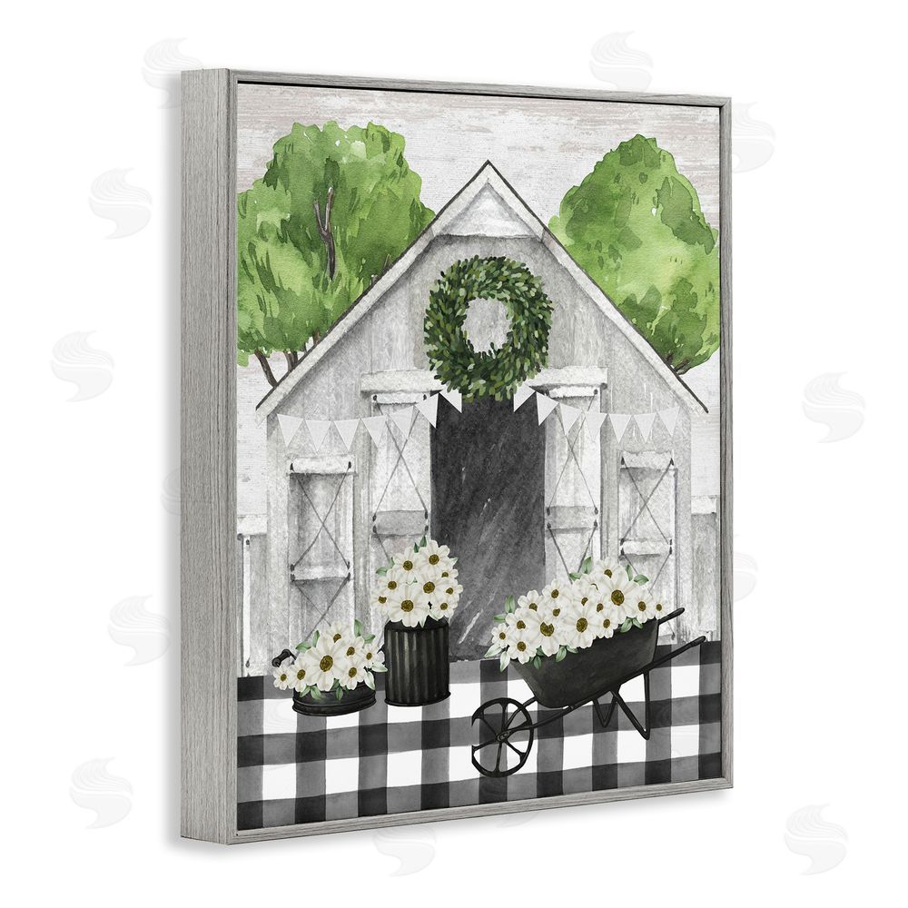 Lettered and Lined Plaid Barn with Floral Wagon Gray Framed Giclee Wall Art Print
