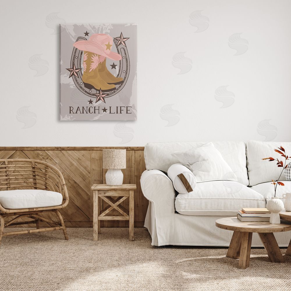 Lisa Perry Whitebutton Ranch Life Cowgirl Horseshoe Canvas Wall Art Print in Room