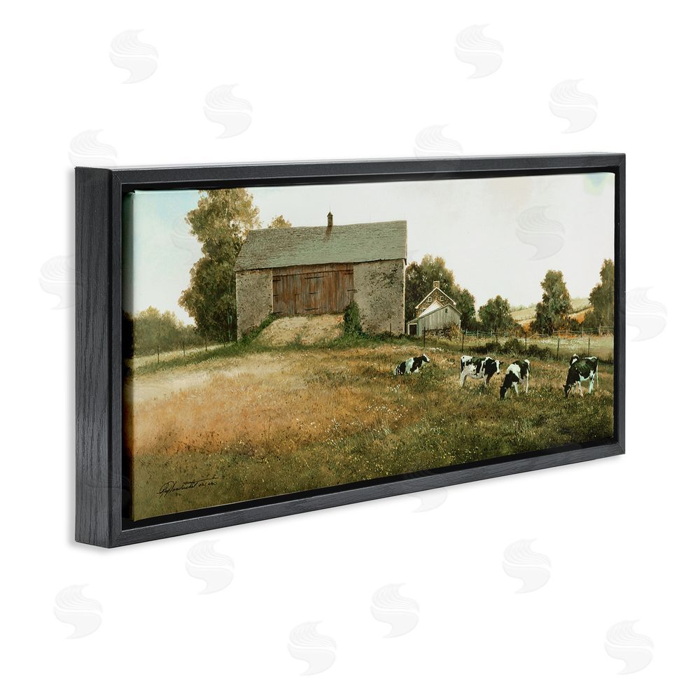 Ray Hendershot Traditional Cows Grazing Black Floating Frame Canvas Wall Art Print