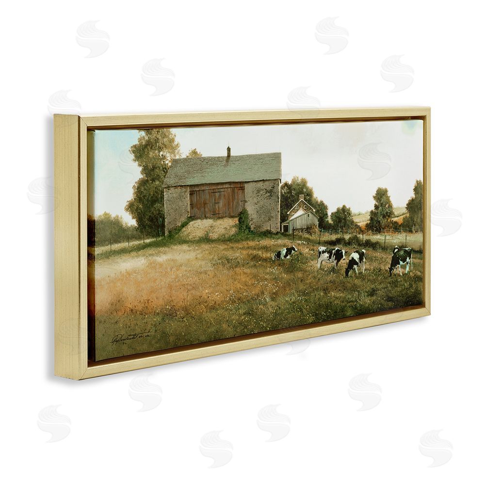 Ray Hendershot Traditional Cows Grazing Gold Floating Frame Canvas Wall Art Print