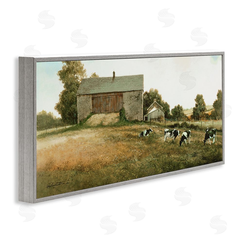 Ray Hendershot Traditional Cows Grazing Gray Framed Giclee Wall Art Print
