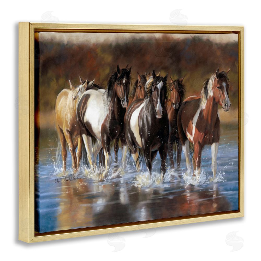 Victoria Schultz Horses Splashing Shallow Pond Gold Floating Frame Canvas Wall Art Print