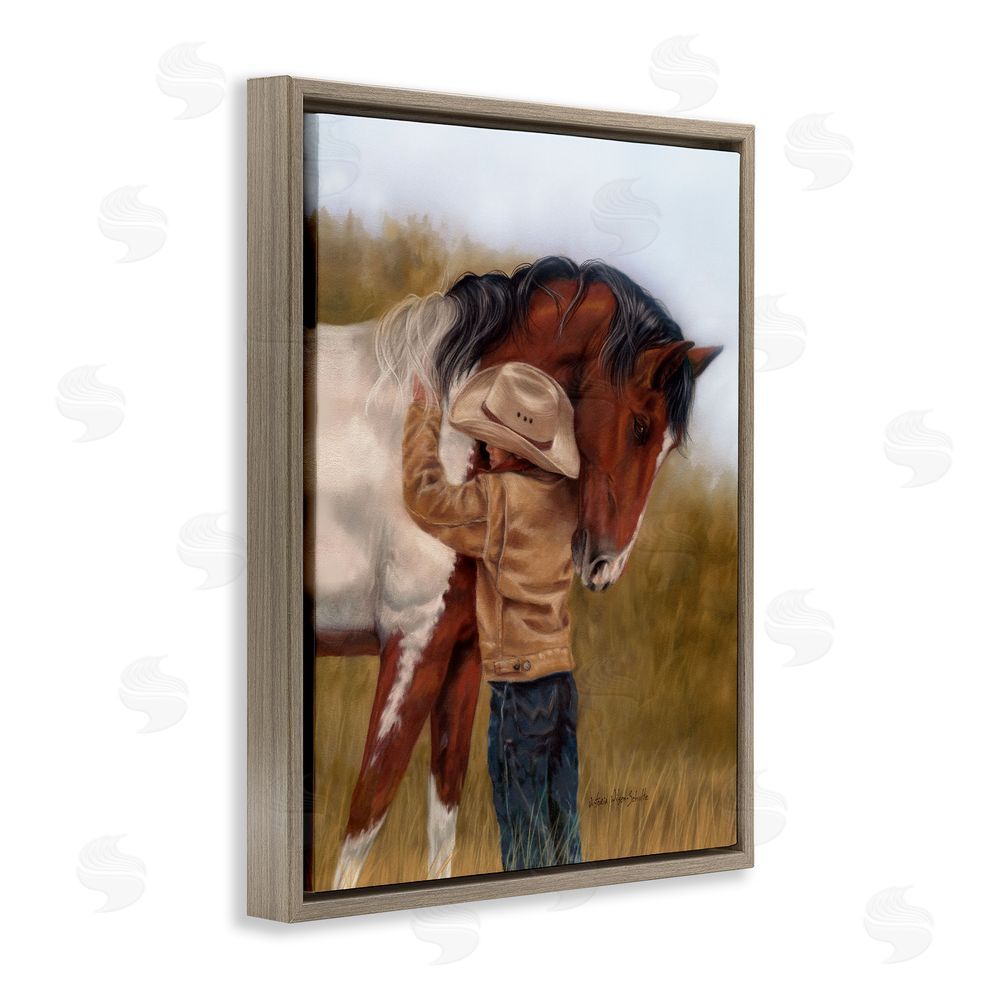 Victoria Schultz Boy Hugging Horse Painting Brown Floating Frame Canvas Wall Art Print