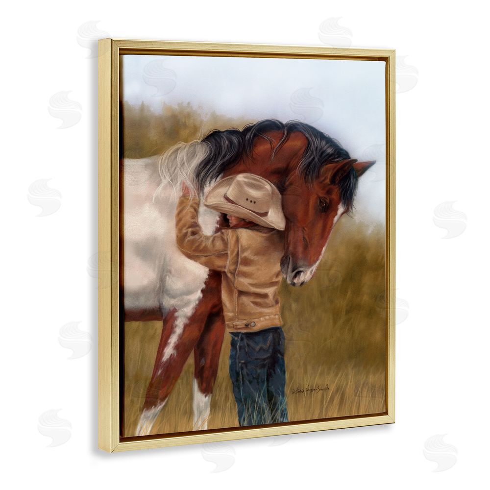 Victoria Schultz Boy Hugging Horse Painting Gold Floating Frame Canvas Wall Art Print