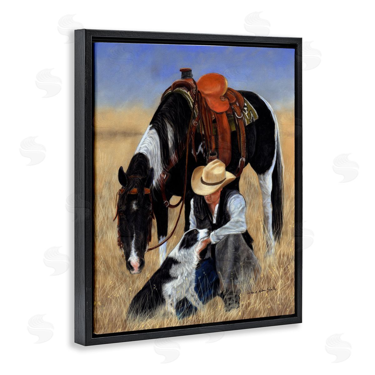 Cowboy with Dog & Horse Black Floating Frame Canvas Wall Art, Home Decor by Victoria Schultz