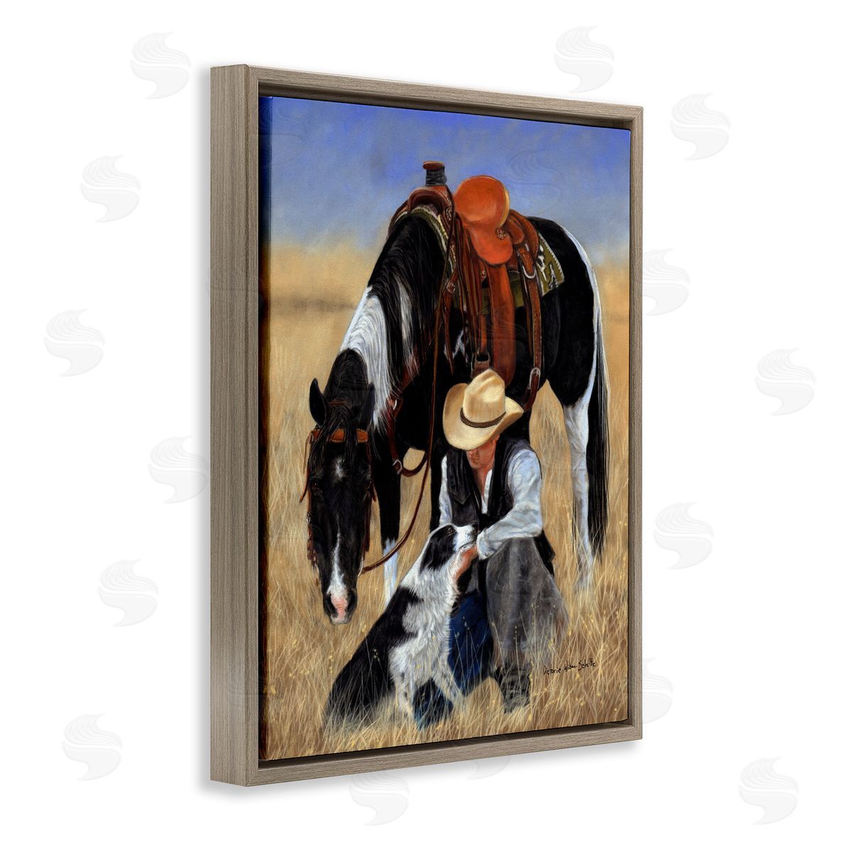Cowboy with Dog & Horse Brown Floating Frame Canvas Wall Art, Home Decor by Victoria Schultz