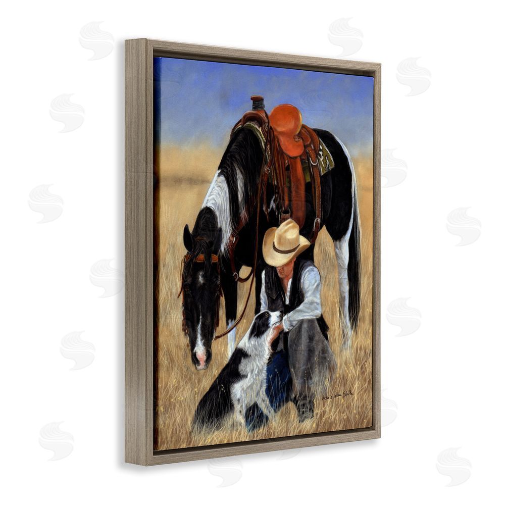 Victoria Schultz Cowboy with Dog & Horse Brown Floating Frame Canvas Wall Art Print