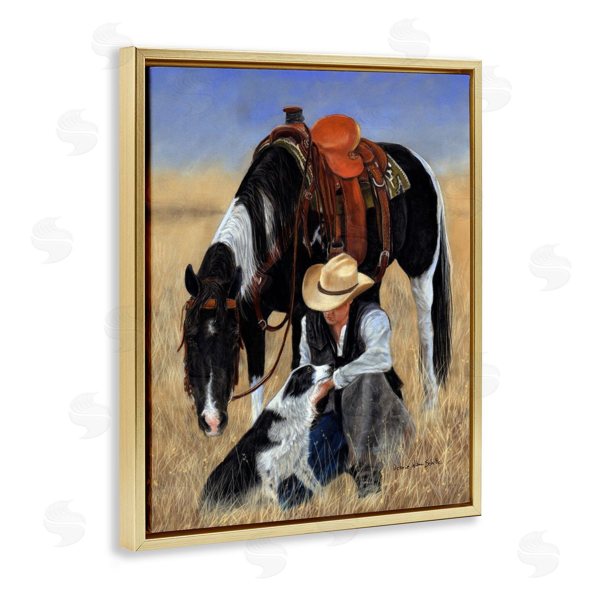 Cowboy with Dog & Horse Gold Floating Frame Canvas Wall Art, Home Decor by Victoria Schultz