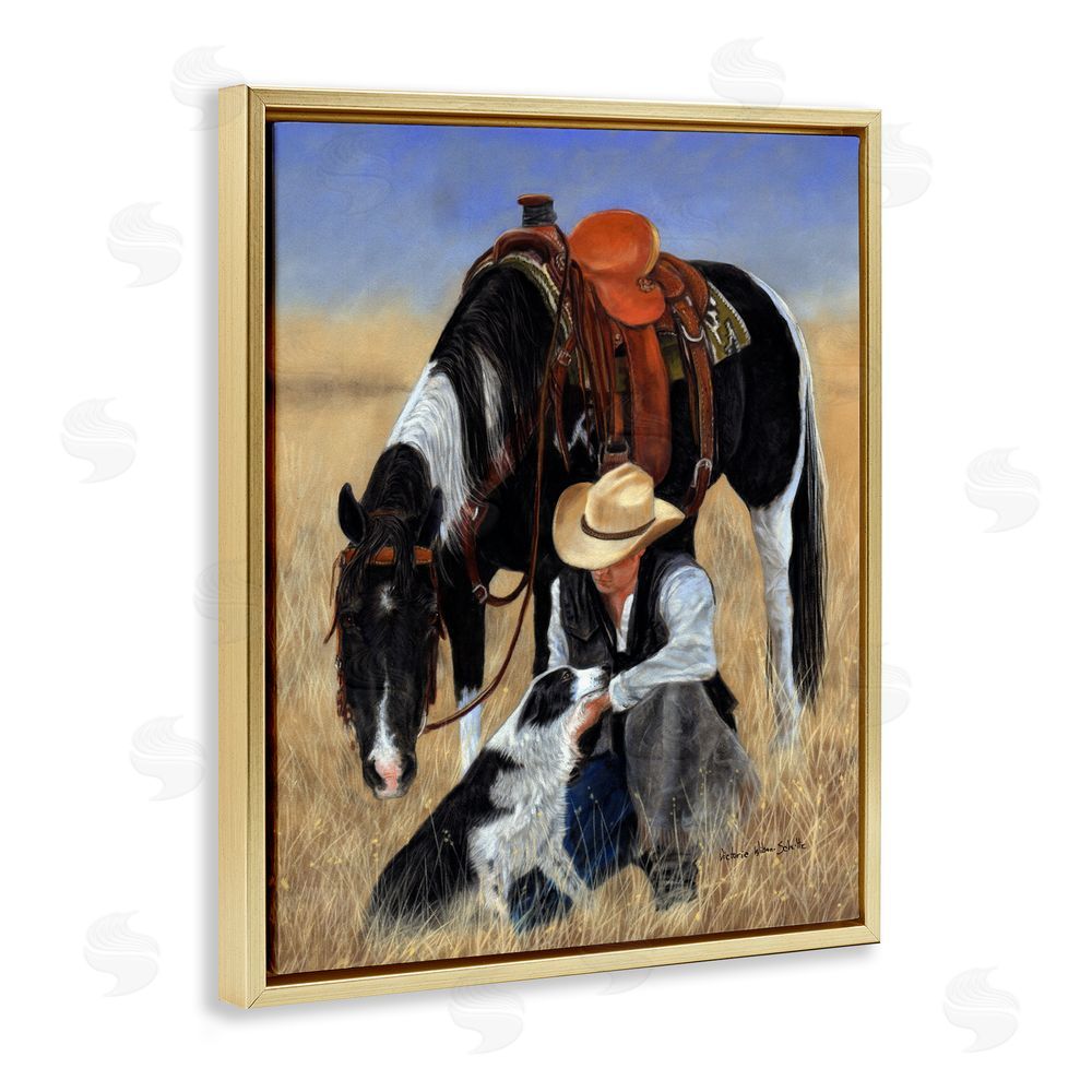 Victoria Schultz Cowboy with Dog & Horse Gold Floating Frame Canvas Wall Art Print