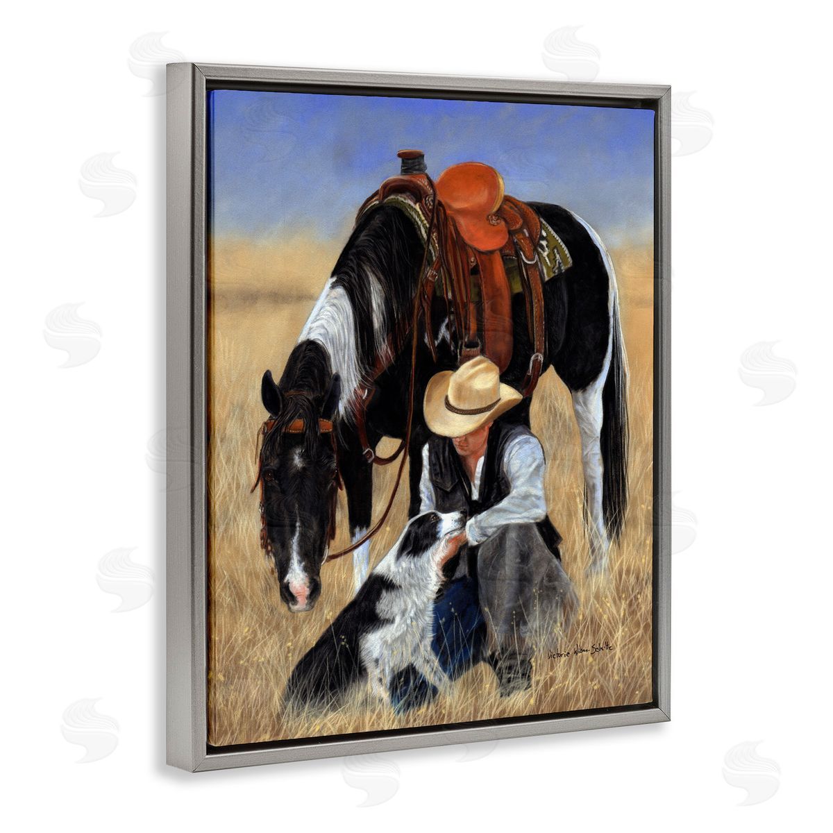 Cowboy with Dog & Horse Grey Floating Frame Canvas Wall Art, Home Decor by Victoria Schultz