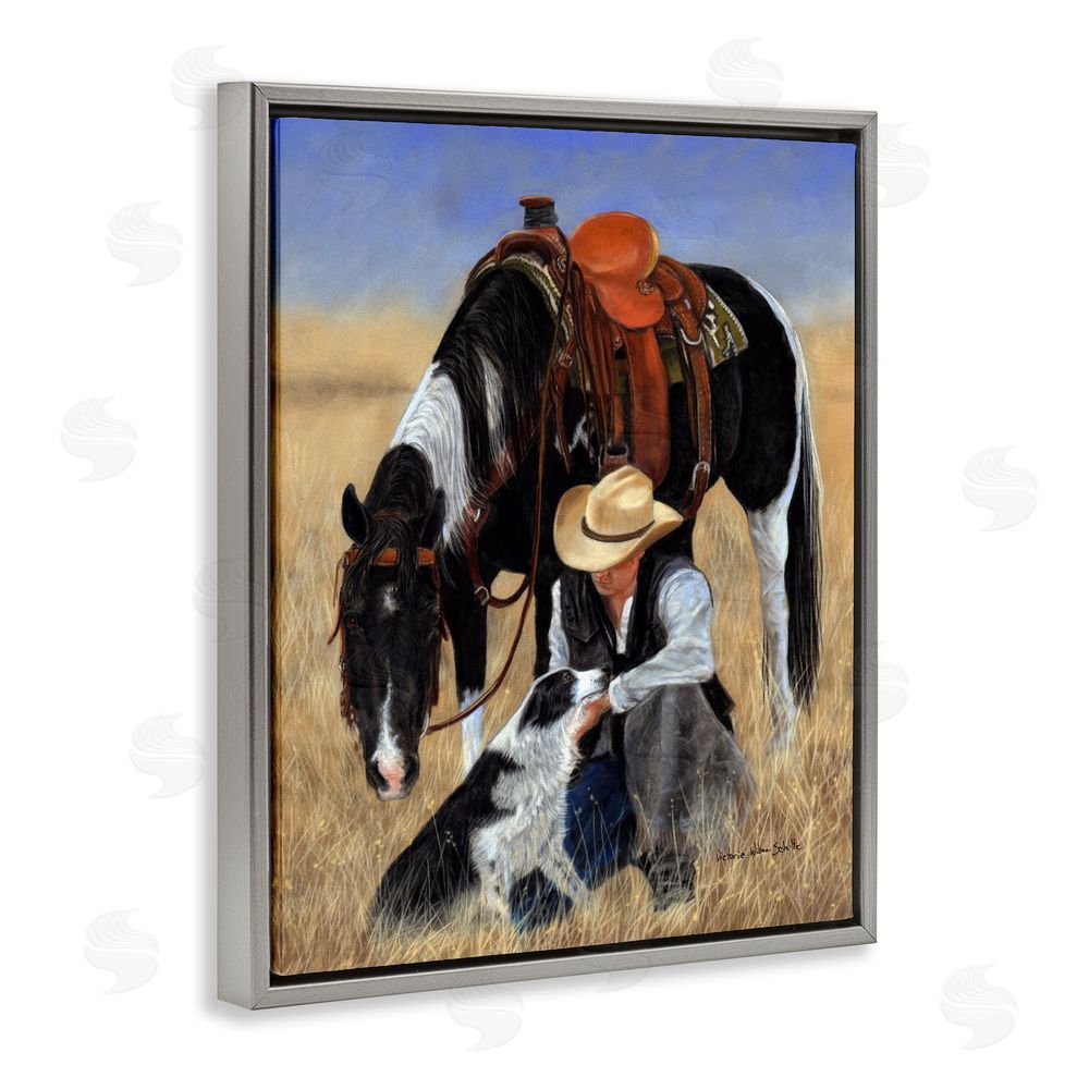 Victoria Schultz Cowboy with Dog & Horse Grey Floating Frame Canvas Wall Art Print